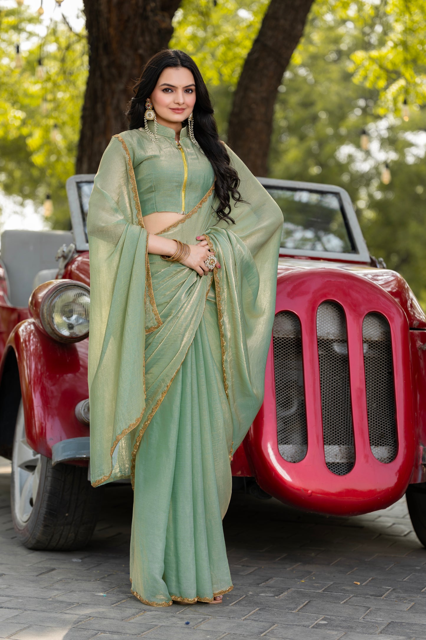 Pista Chiffon Bollywood Saree with Embellished Border