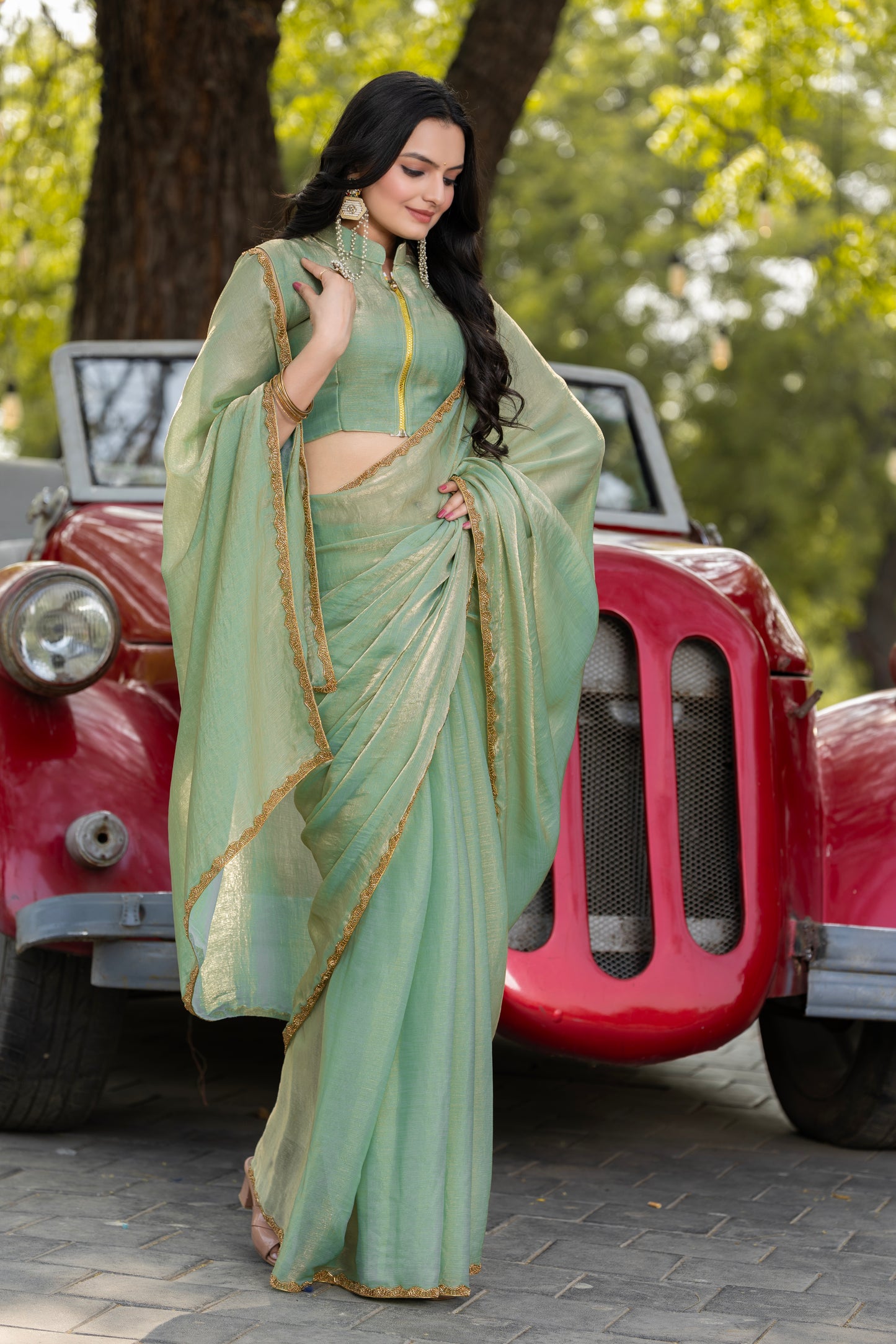 Pista Chiffon Bollywood Saree with Embellished Border