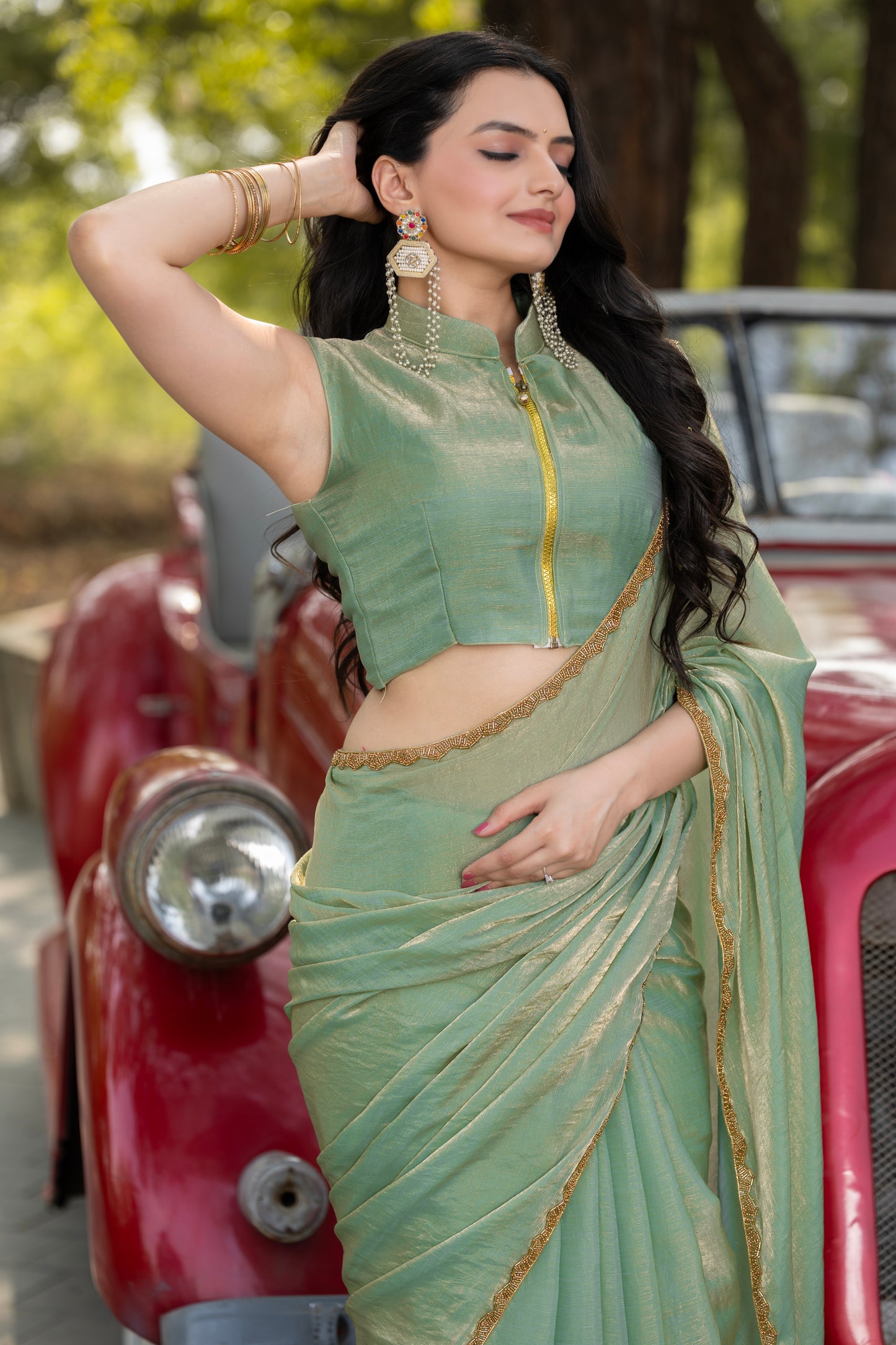 Pista Chiffon Bollywood Saree with Embellished Border