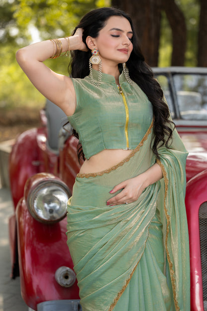 Pista Chiffon Bollywood Saree with Embellished Border