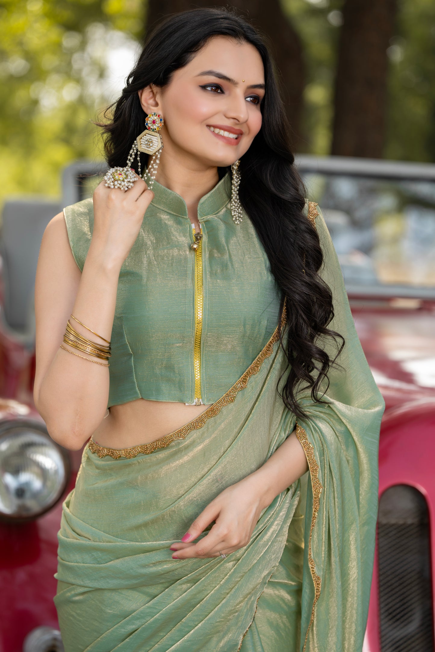Pista Chiffon Bollywood Saree with Embellished Border