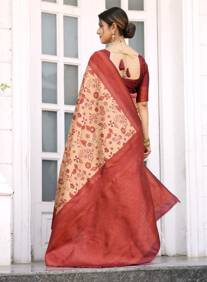 Chiku Maroon Litchi Soft Silk Banarasi Saree with Floral Zari Woven