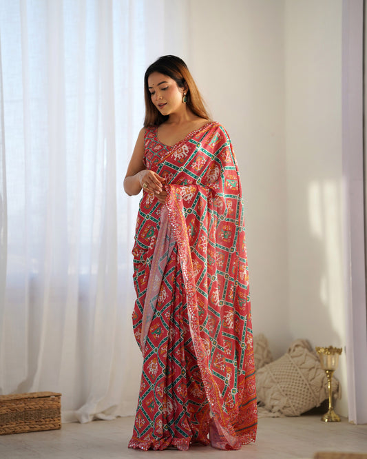 Red Heavy Georgette Saree with Digital Print and Lace Border