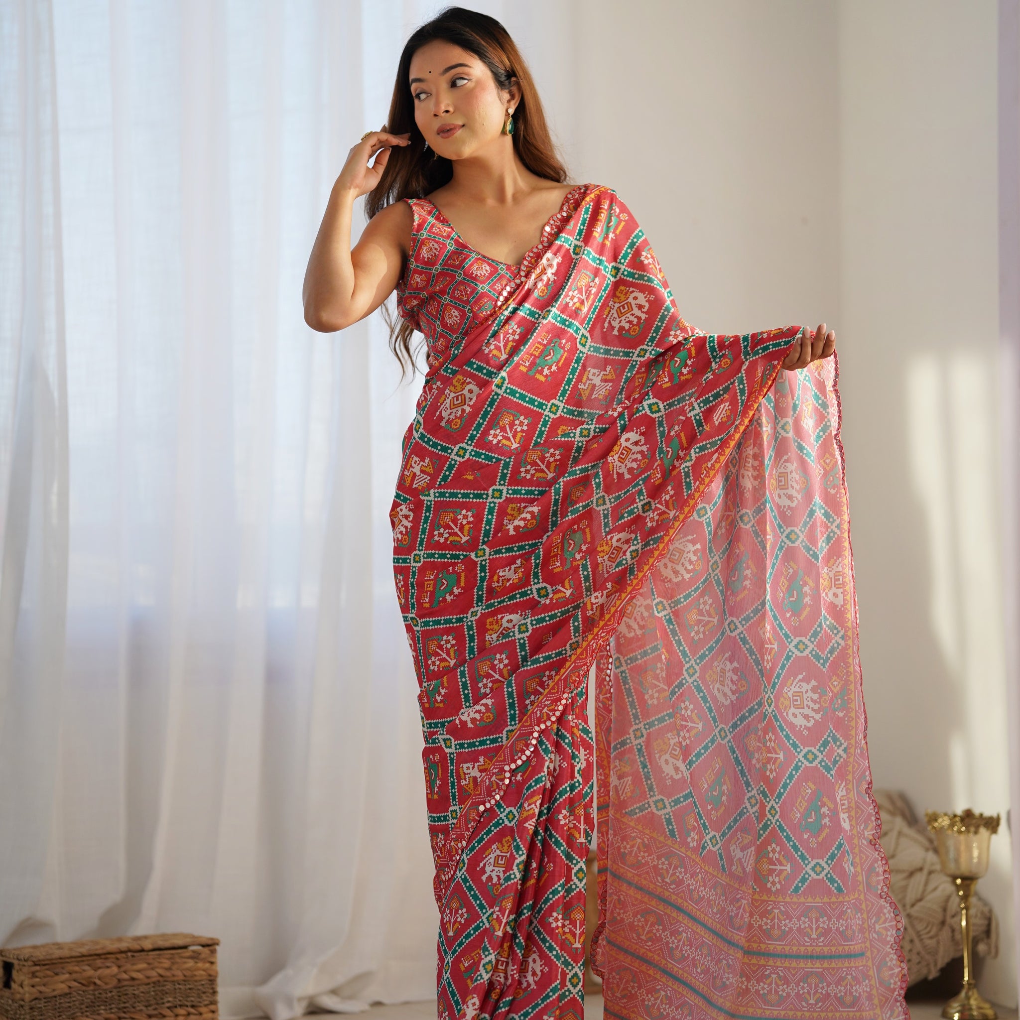 Red Heavy Georgette Saree with Digital Print and Lace Border – Available