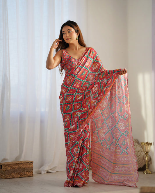 Red Heavy Georgette Saree with Digital Print and Lace Border – Available