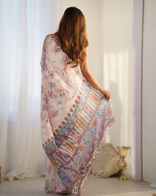 Peach Heavy Chinnon Saree with Print and Kutchi Mirror Lace Border