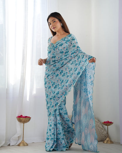 Sky Blue Heavy Chinnon Saree with Print and Kutchi Mirror Lace Border