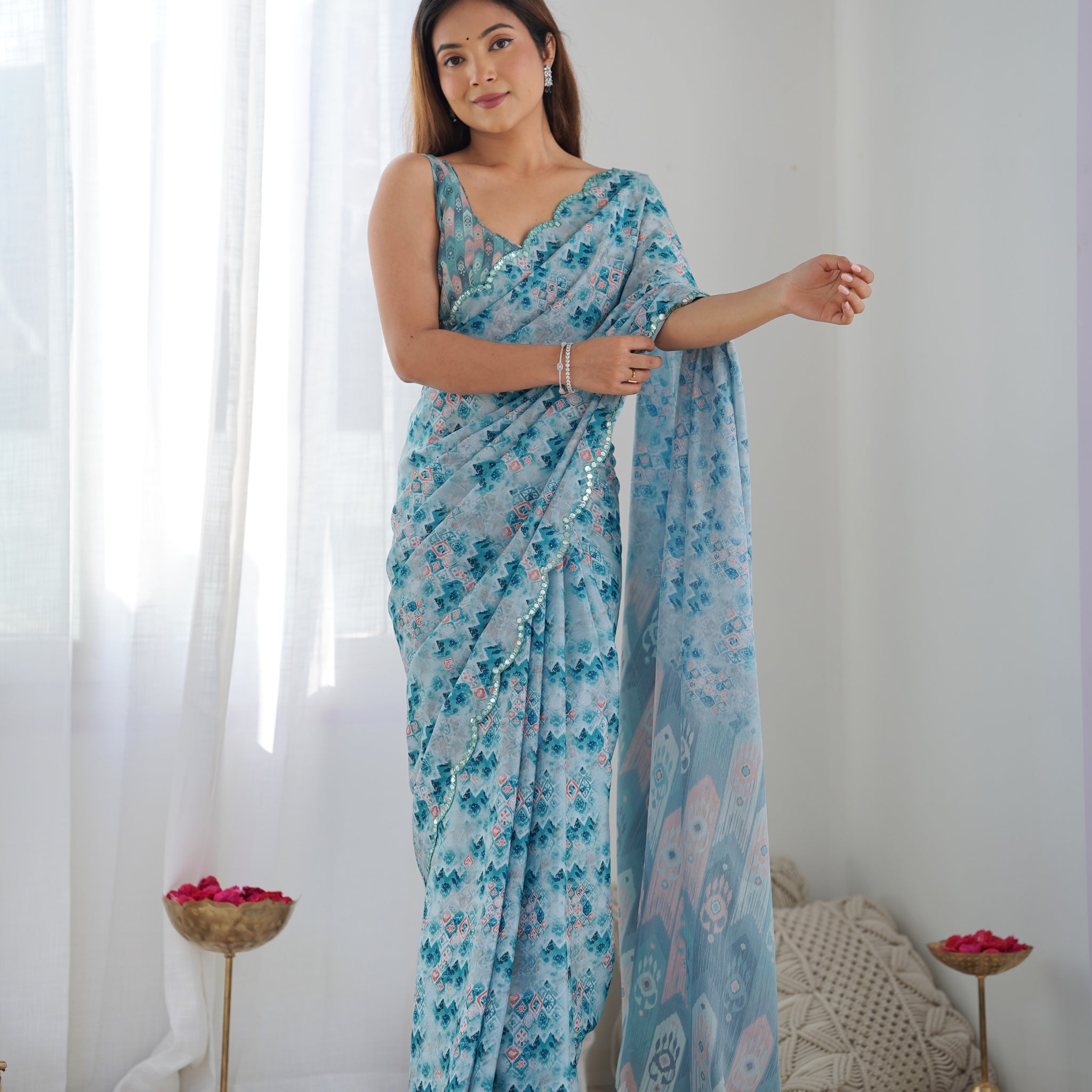 Sky Blue Chinnon Saree with Kutchi Mirror Lace Border and Print Work – Available