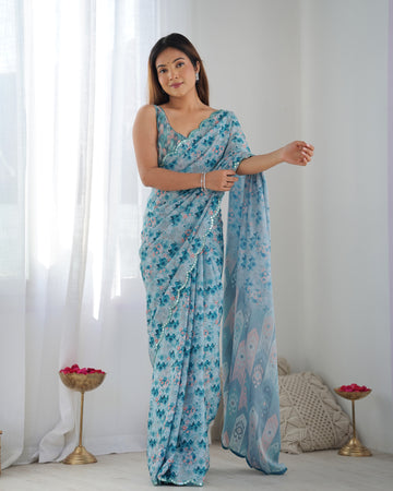 Sky Blue Chinnon Saree with Kutchi Mirror Lace Border and Print Work – Available