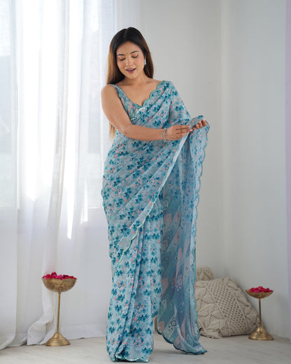 Sky Blue Heavy Chinnon Saree with Print and Kutchi Mirror Lace Border