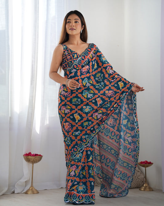 Navy Blue Soft Silk Saree with Fancy Digital Print – Out of Stock