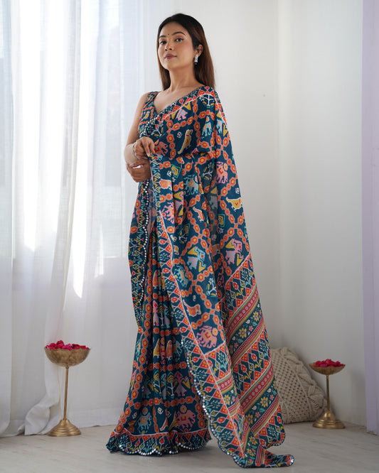 Navy Blue Soft Silk Saree with Digital Print and Fancy Border