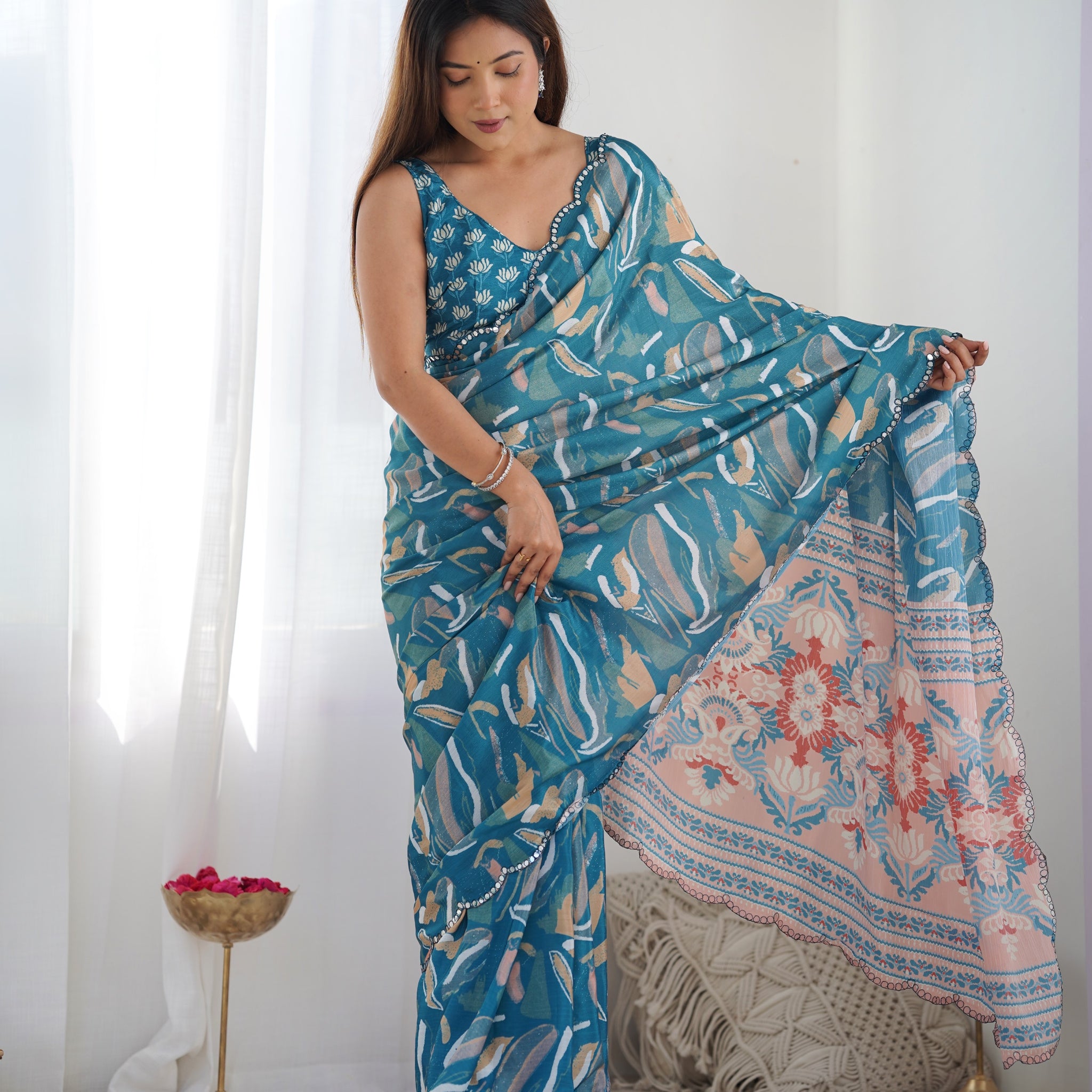 Teal Blue Pure Soft Silk Saree with Weaving Border – Available