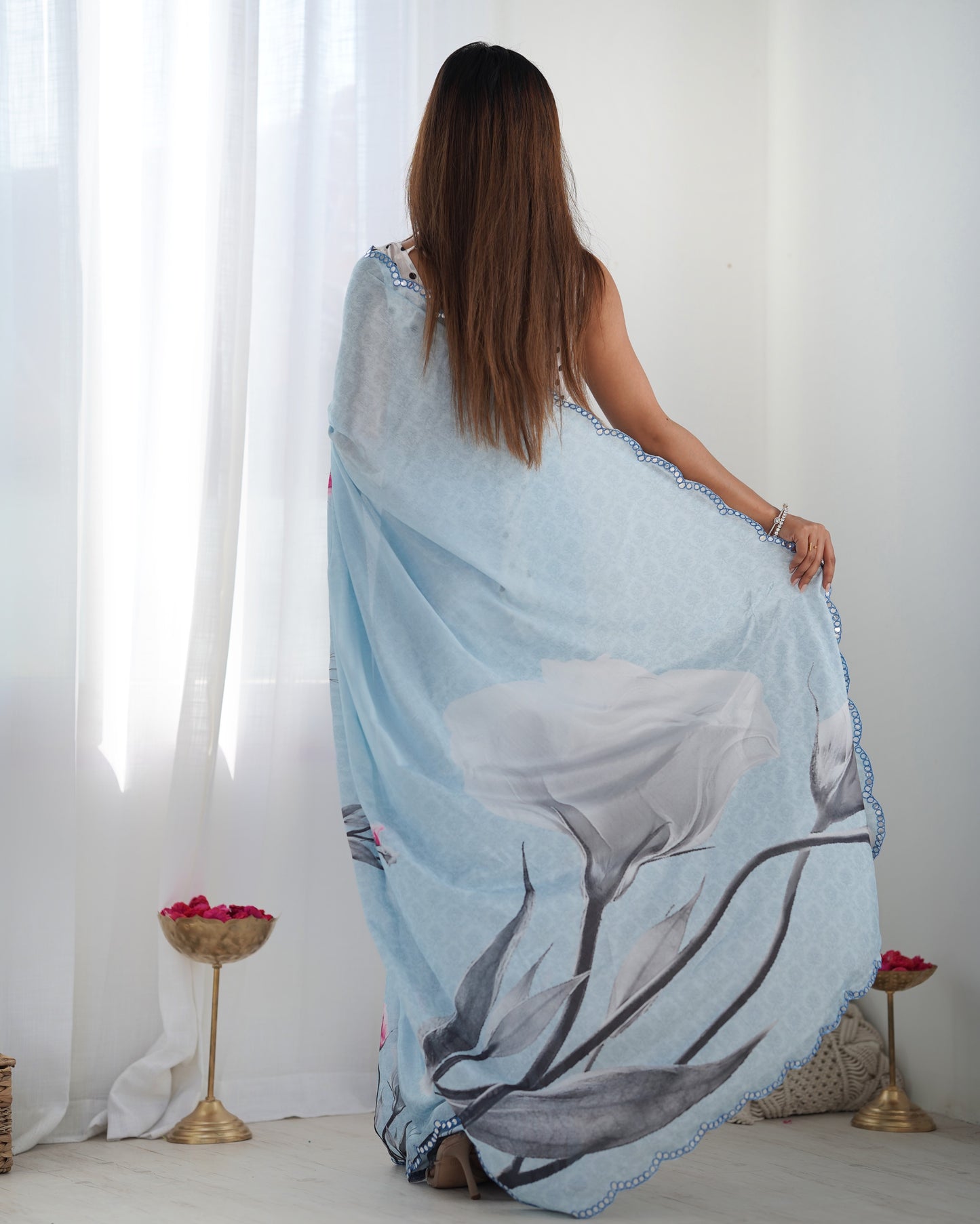 Baby Blue Heavy Chinnon Saree with Print and Kutchi Mirror Lace Border