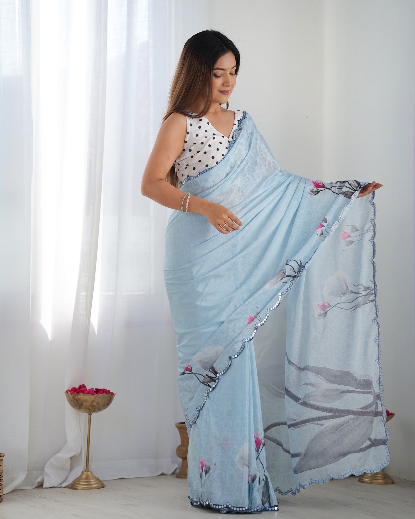 Baby Blue Heavy Chinnon Saree with Print and Kutchi Mirror Lace Border