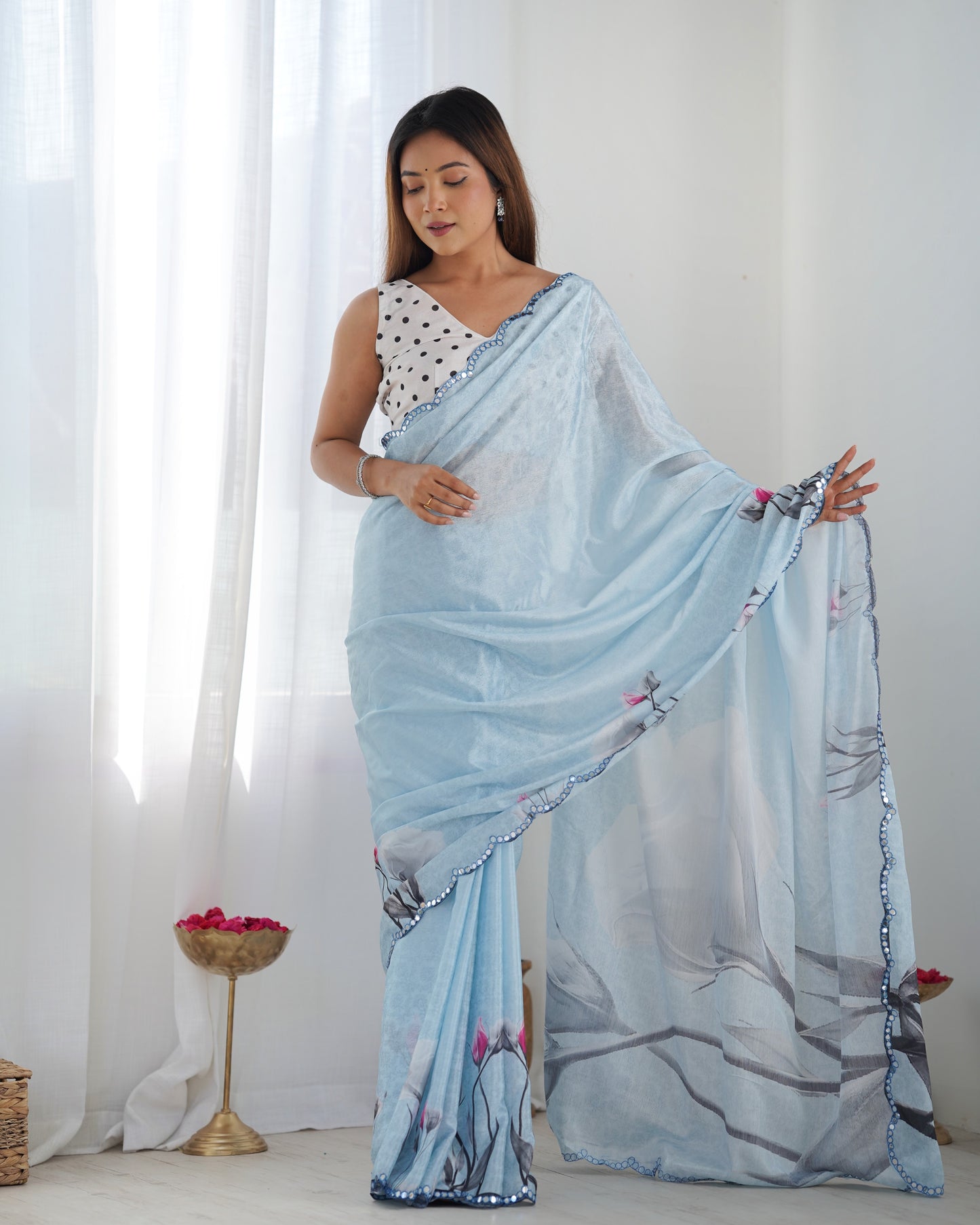 Baby Blue Heavy Chinnon Saree with Print and Kutchi Mirror Lace Border