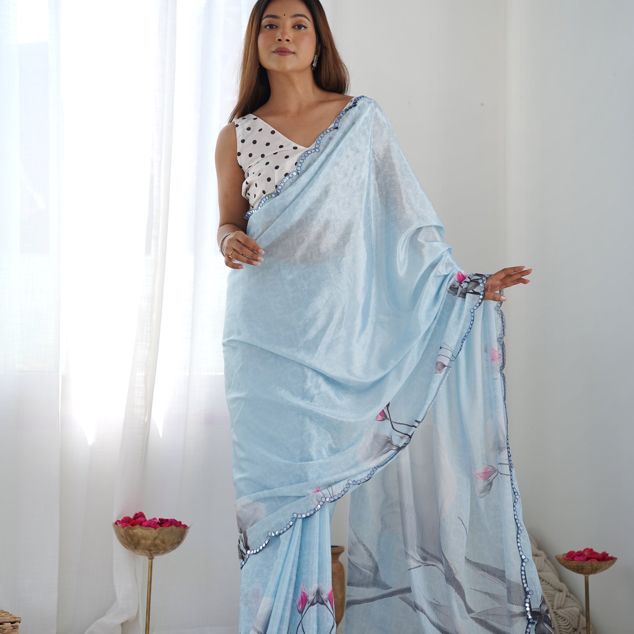 Baby Blue Heavy Chinnon Saree with Kutchi Mirror Work and Print – Available