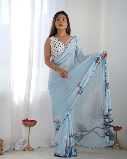 Baby Blue Heavy Chinnon Saree with Print and Kutchi Mirror Lace Border