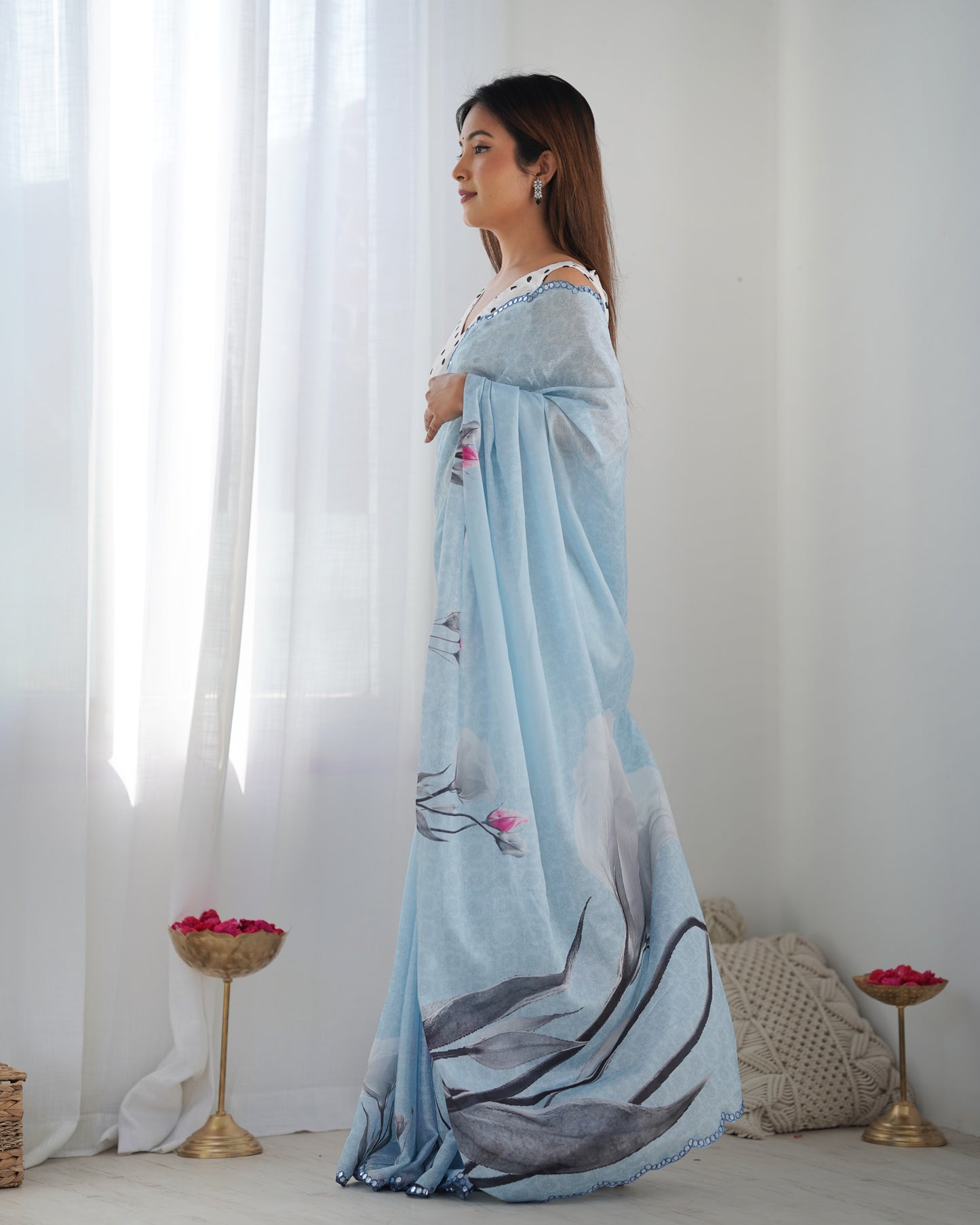 Baby Blue Heavy Chinnon Saree with Print and Kutchi Mirror Lace Border