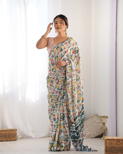 Cream Heavy Chinnon Saree with Print and Kutchi Mirror Lace Border