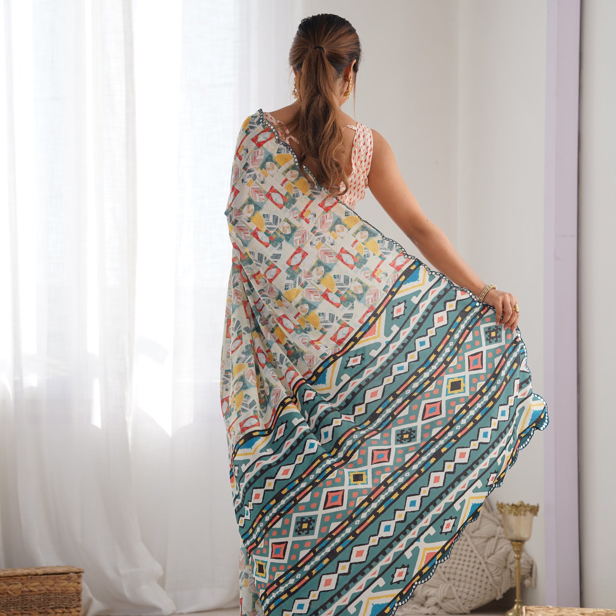 Cream Chinnon Saree with Mirror Work and Printed Detail – Available