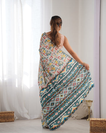Cream Chinnon Saree with Mirror Work and Printed Detail – Available