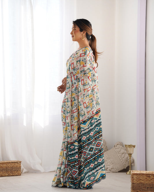 Cream Heavy Chinnon Saree with Print and Kutchi Mirror Lace Border