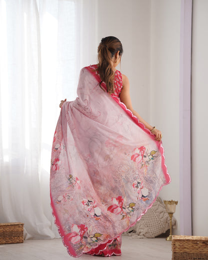 Light Pink Heavy Chinnon Saree with Print and Kutchi Mirror Lace Border