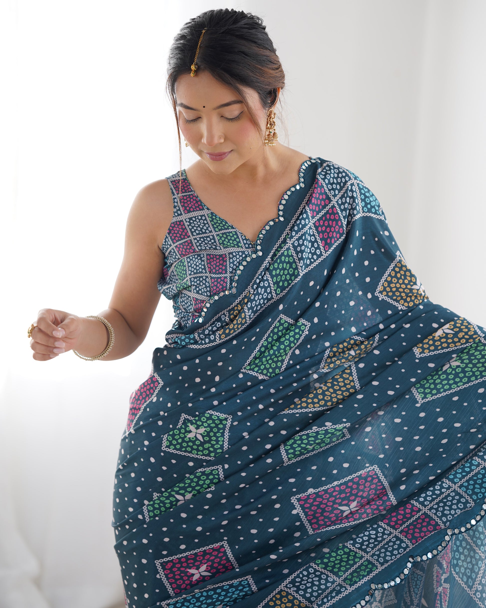 Navy Blue Chinnon Saree with Kutchi Mirror Border and Traditional Print – Available