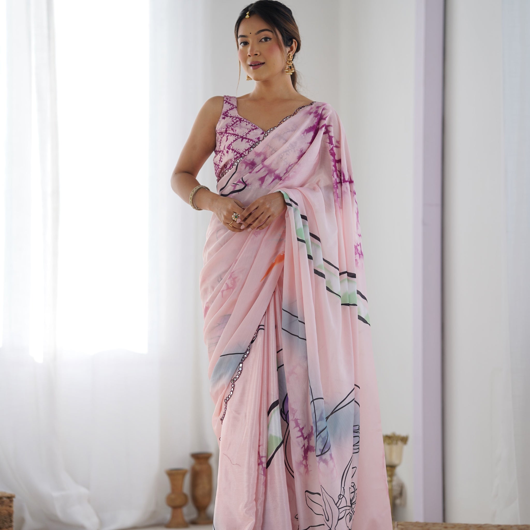 Baby Pink Chinnon Saree with Print and Kutchi Mirror Lace Border – Available