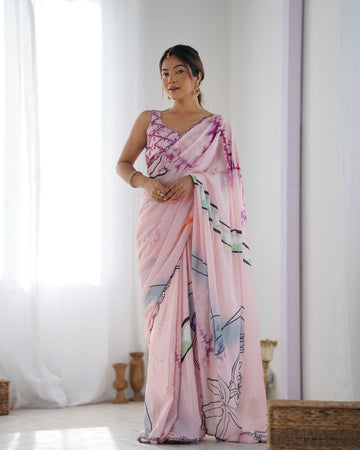 Baby Pink Chinnon Saree with Print and Kutchi Mirror Lace Border – Available