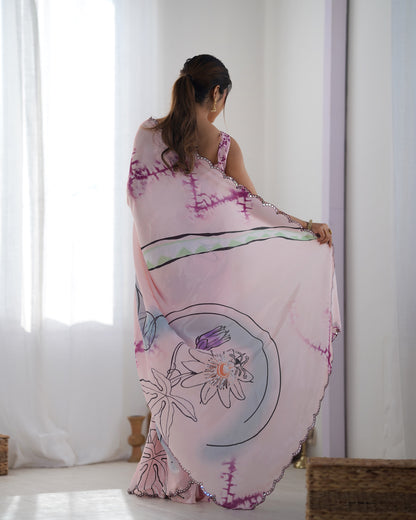 Baby Pink Heavy Chinnon Saree with Print and Kutchi Work Mirror Lace Border
