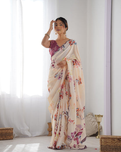 Beige Heavy Chinnon Saree with Print and Kutchi Work Mirror Lace Border