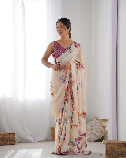 Beige Heavy Chinnon Saree with Print and Kutchi Work Mirror Lace Border