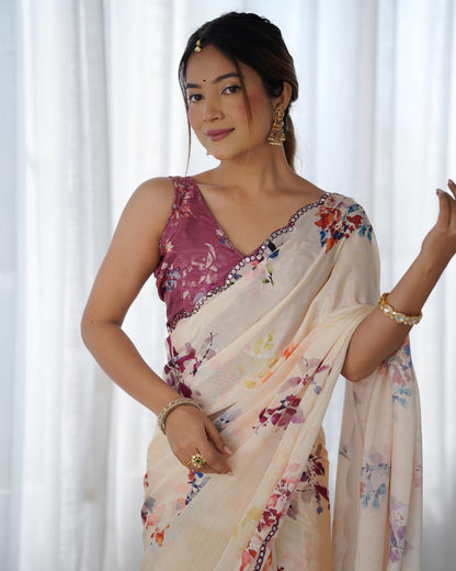 Beige Chinnon Saree with Print and Kutchi Mirror Work – Available