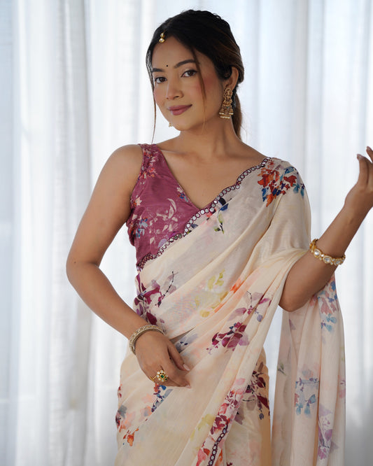 Beige Chinnon Saree with Print and Kutchi Mirror Work – Available