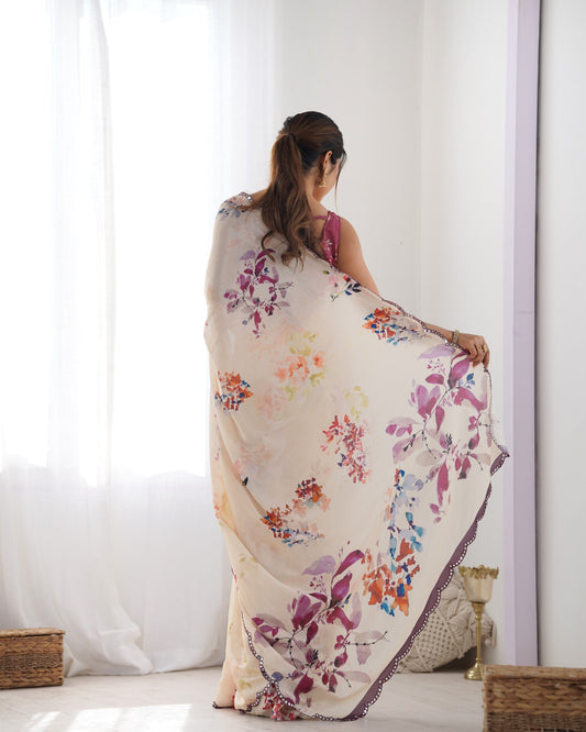 Beige Heavy Chinnon Saree with Print and Kutchi Work Mirror Lace Border