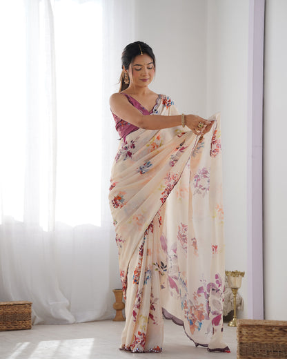 Beige Heavy Chinnon Saree with Print and Kutchi Work Mirror Lace Border