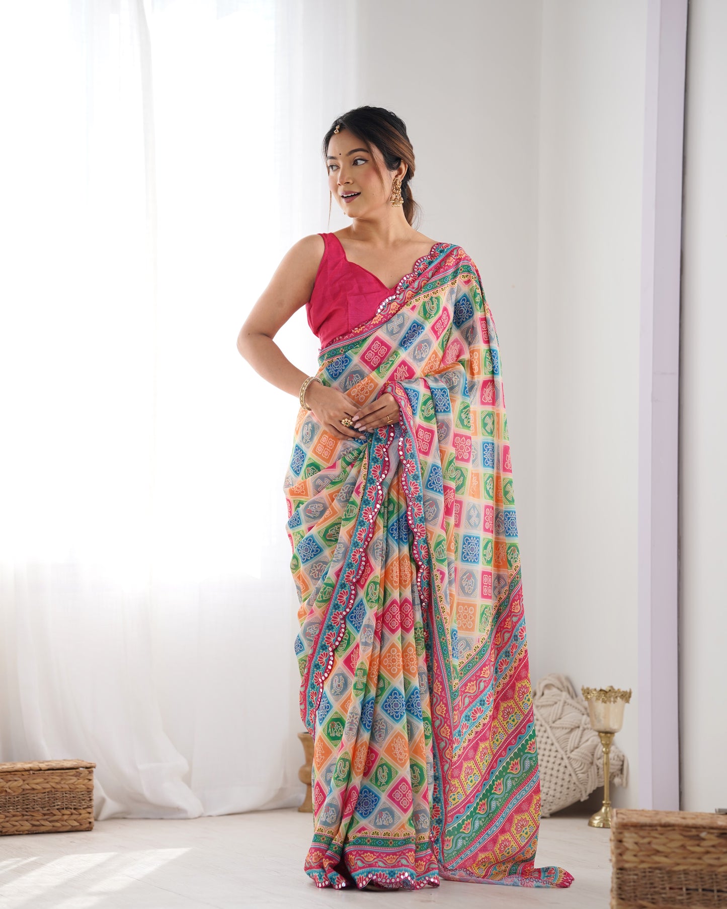 White Heavy Chinnon Saree with Print Work and Beautiful Kutchi Work Mirror Lace Border