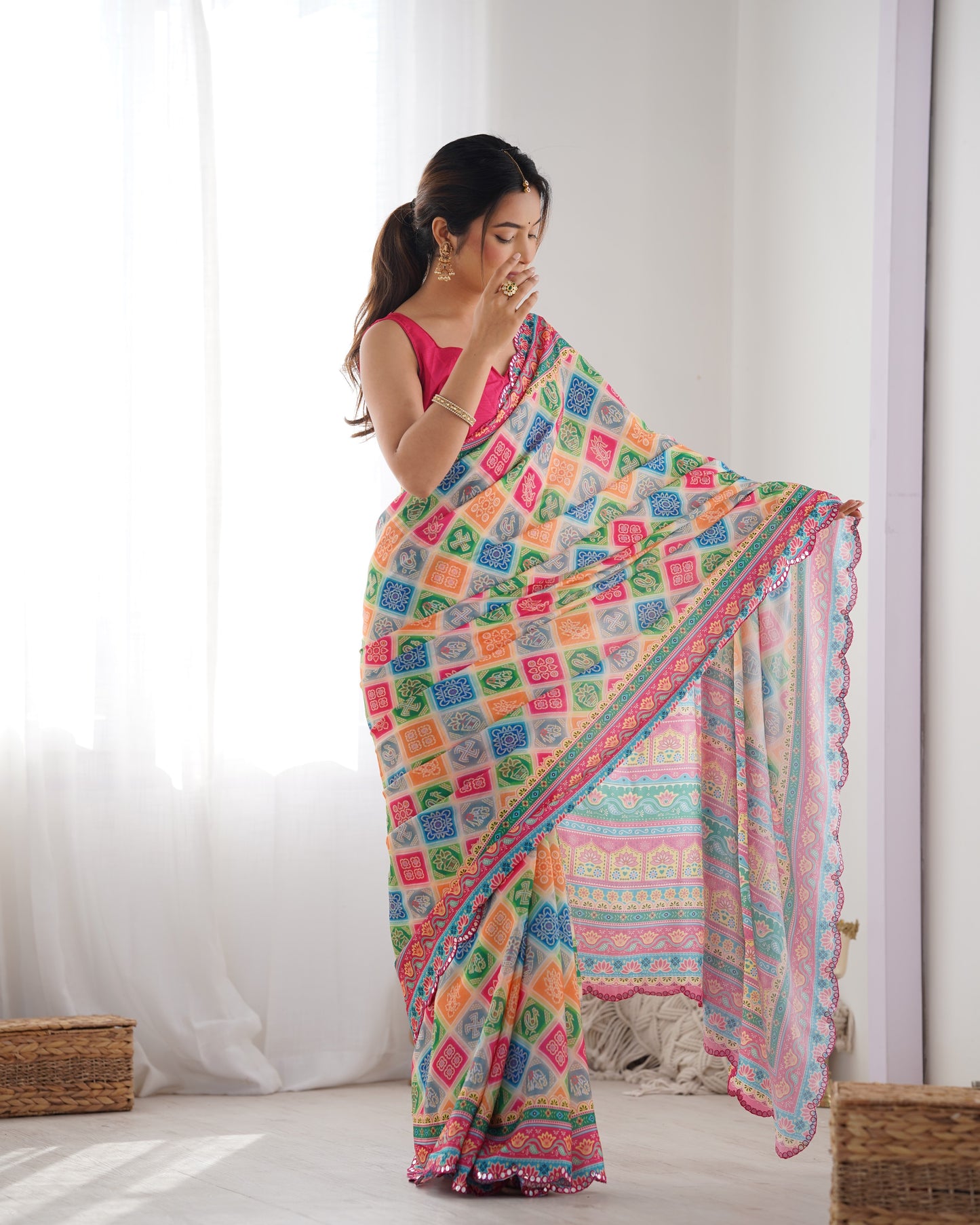 White Heavy Chinnon Saree with Print Work and Beautiful Kutchi Work Mirror Lace Border