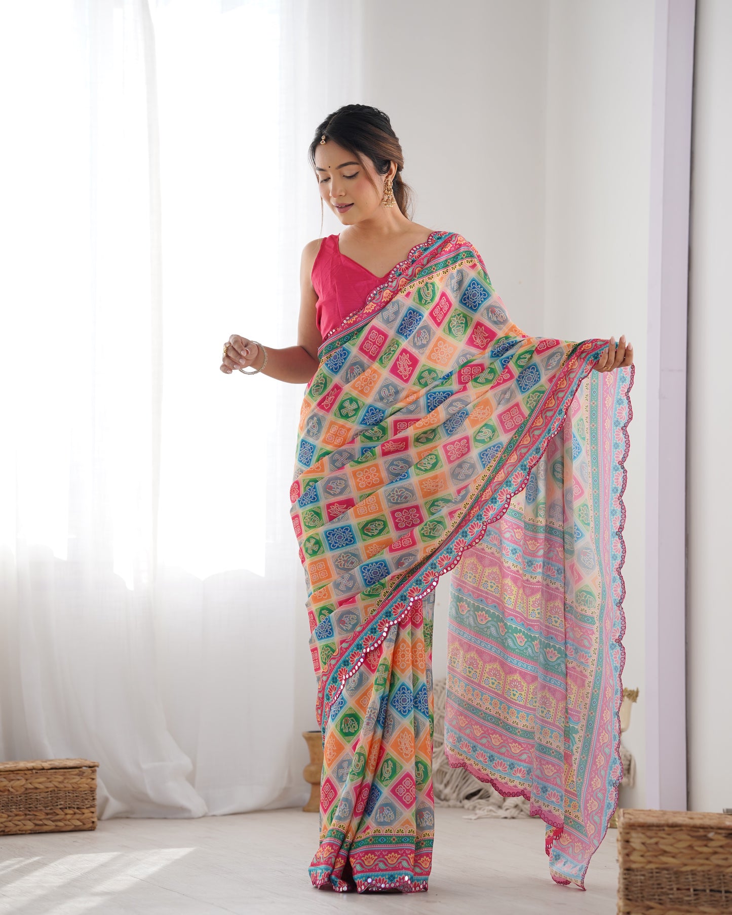 White Heavy Chinnon Saree with Print Work and Beautiful Kutchi Work Mirror Lace Border