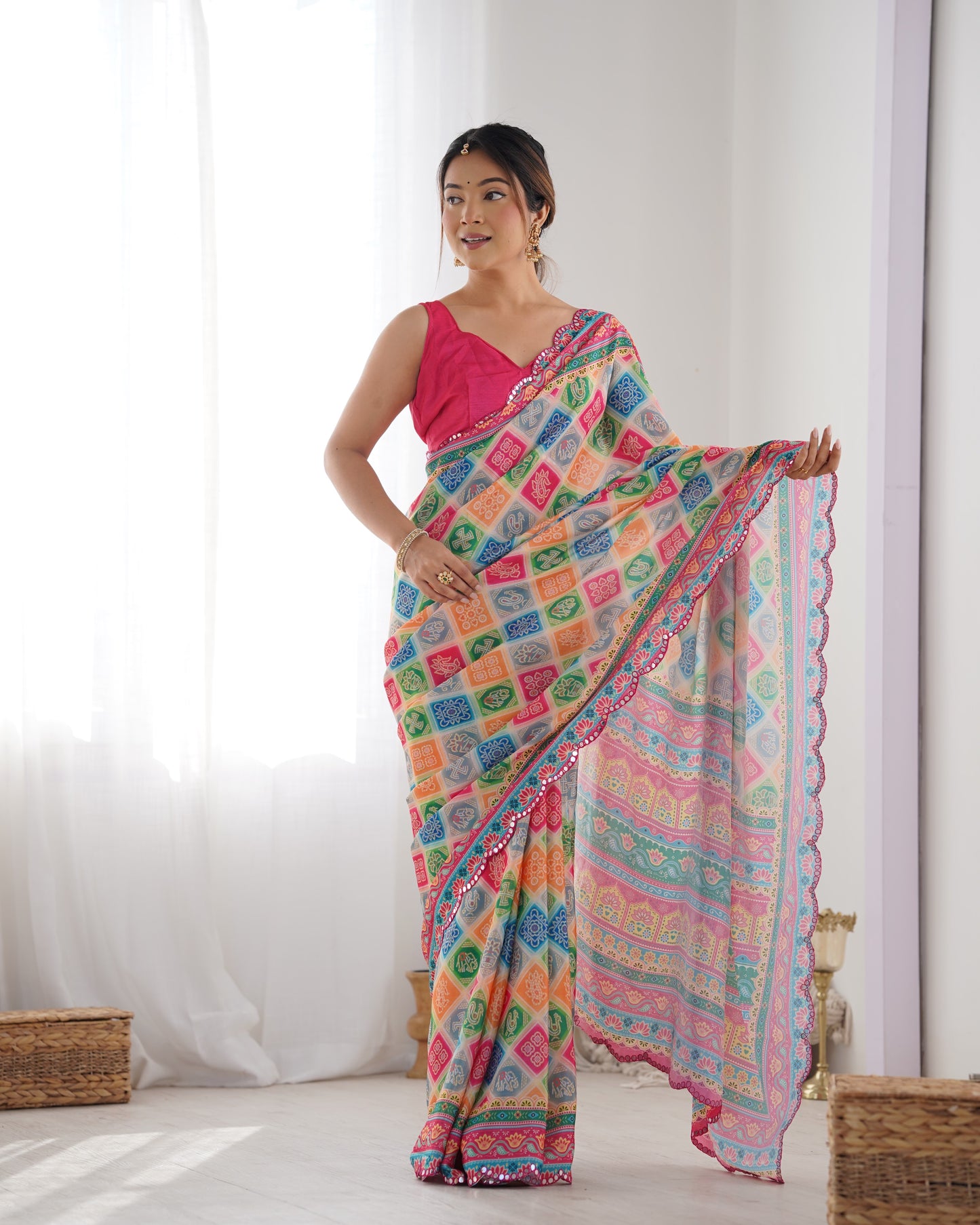White Heavy Chinnon Saree with Print Work and Beautiful Kutchi Work Mirror Lace Border
