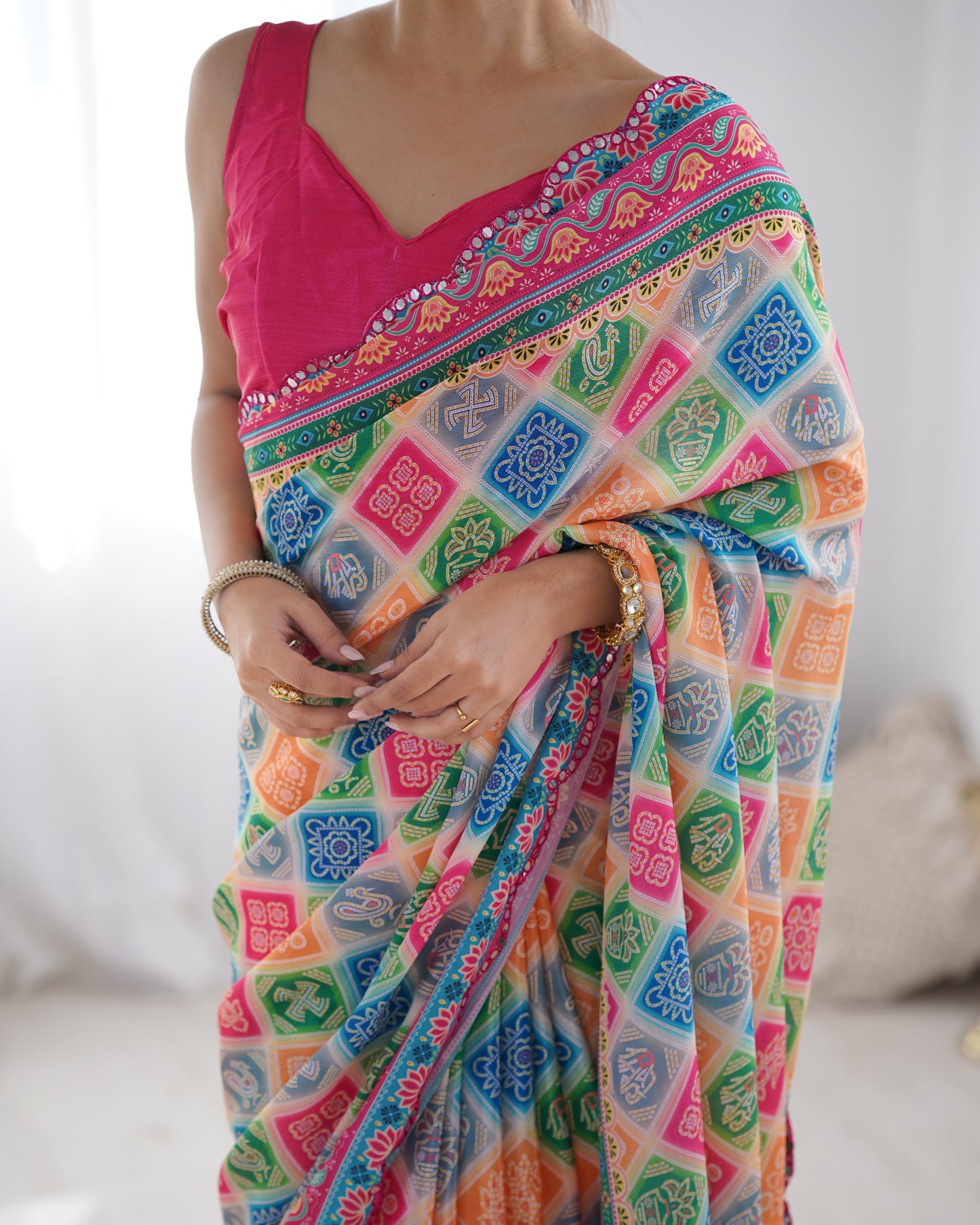 White Heavy Chinnon Saree with Print Work and Beautiful Kutchi Work Mirror Lace Border