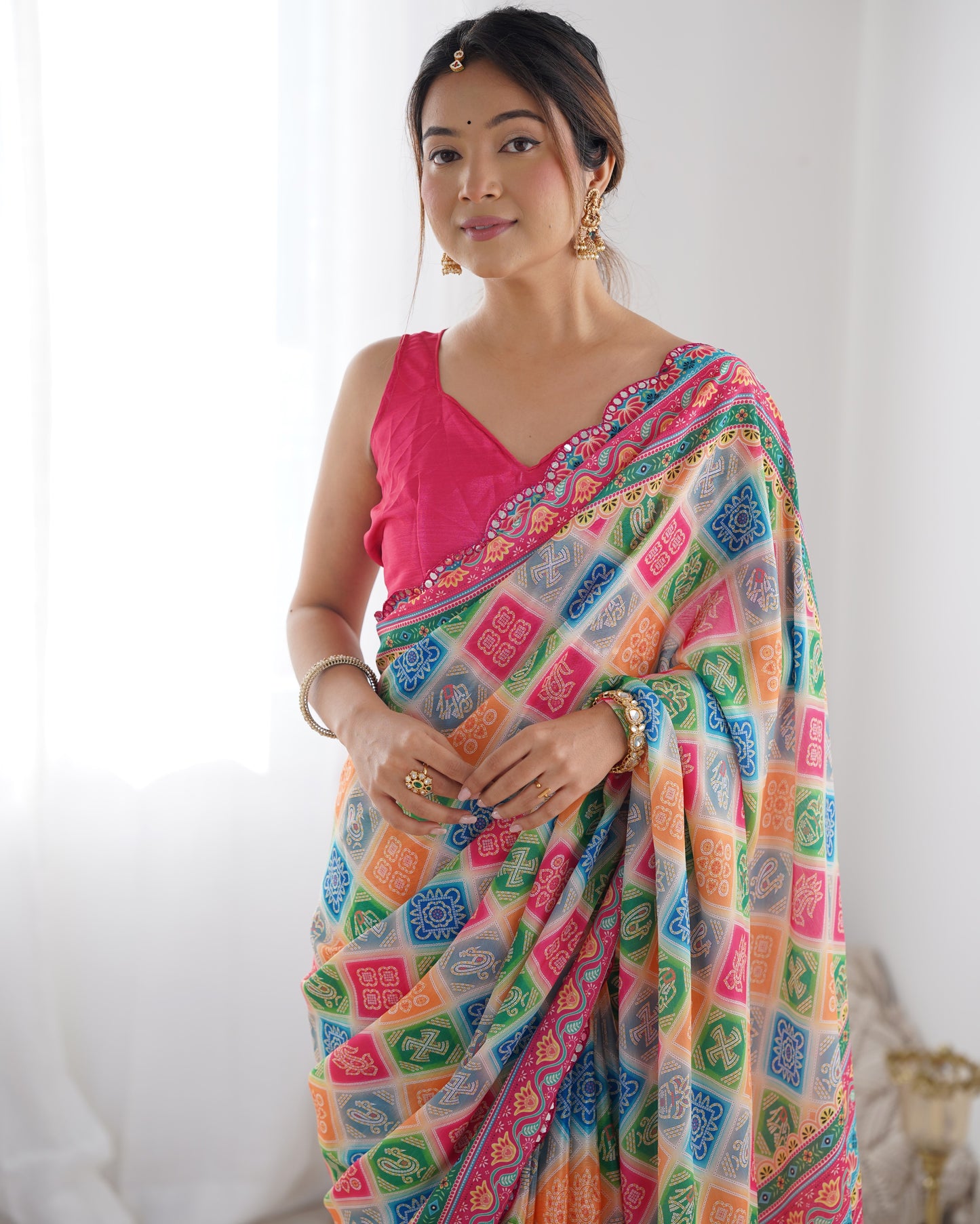 White Heavy Chinnon Saree with Print Work and Beautiful Kutchi Work Mirror Lace Border