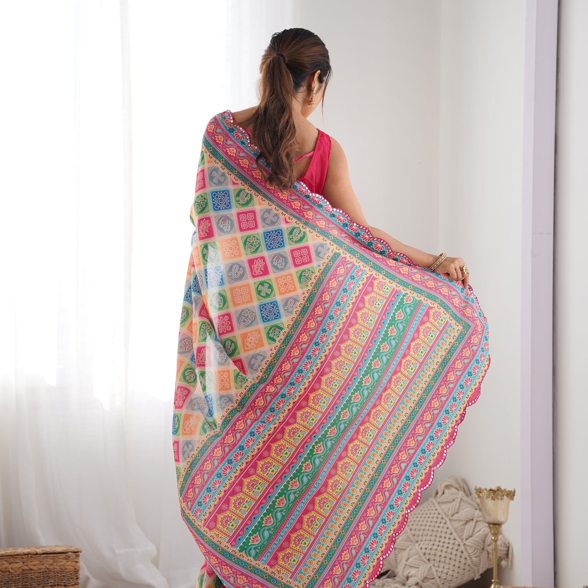 White Chinnon Saree with Kutchi Mirror Border and Printed Work – Available