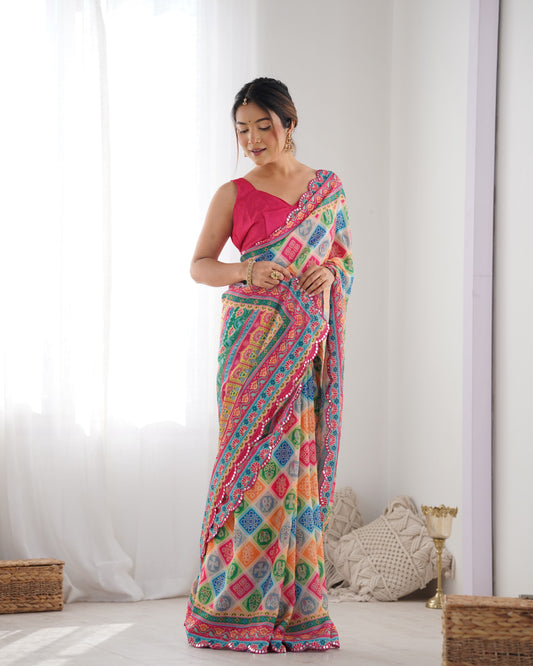White Heavy Chinnon Saree with Print Work and Beautiful Kutchi Work Mirror Lace Border