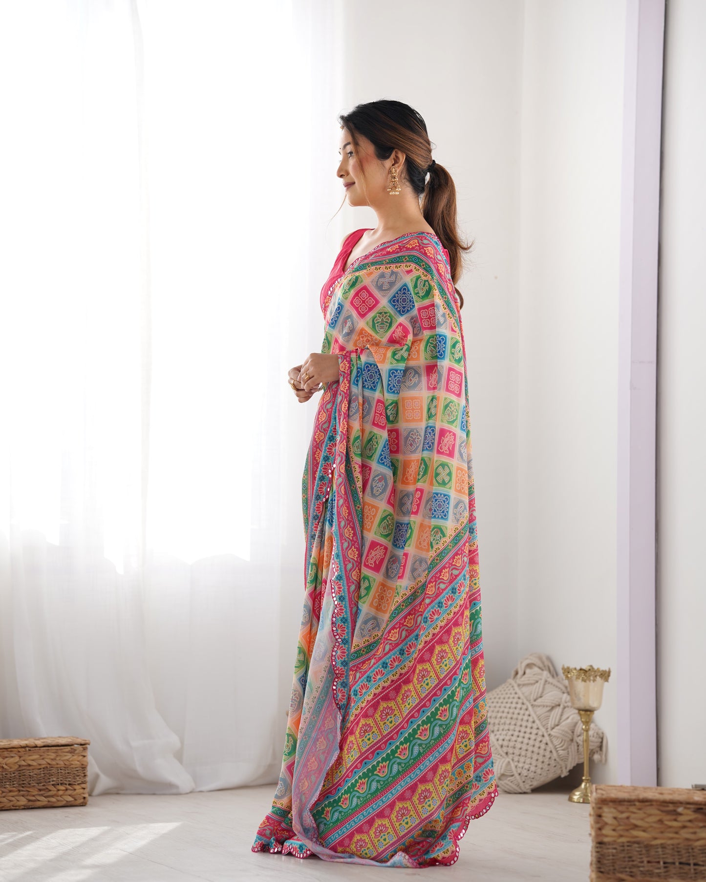 White Heavy Chinnon Saree with Print Work and Beautiful Kutchi Work Mirror Lace Border