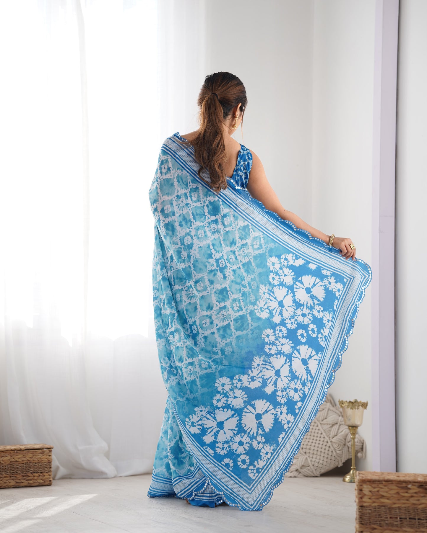 Sky Blue Heavy Chinnon Saree with Print Work and Beautiful Kutchi Work Mirror Lace Border