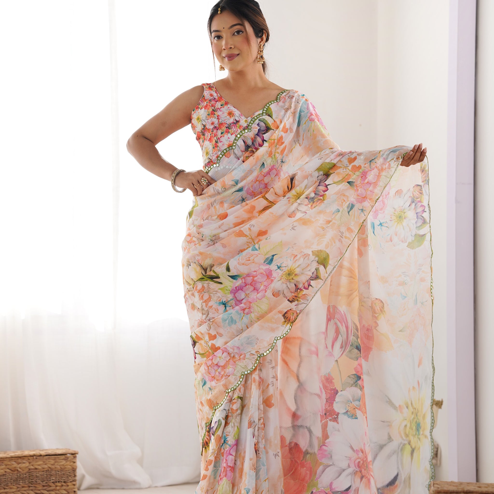 Off White Chinnon Saree with Print and Kutchi Mirror Lace Border – Available