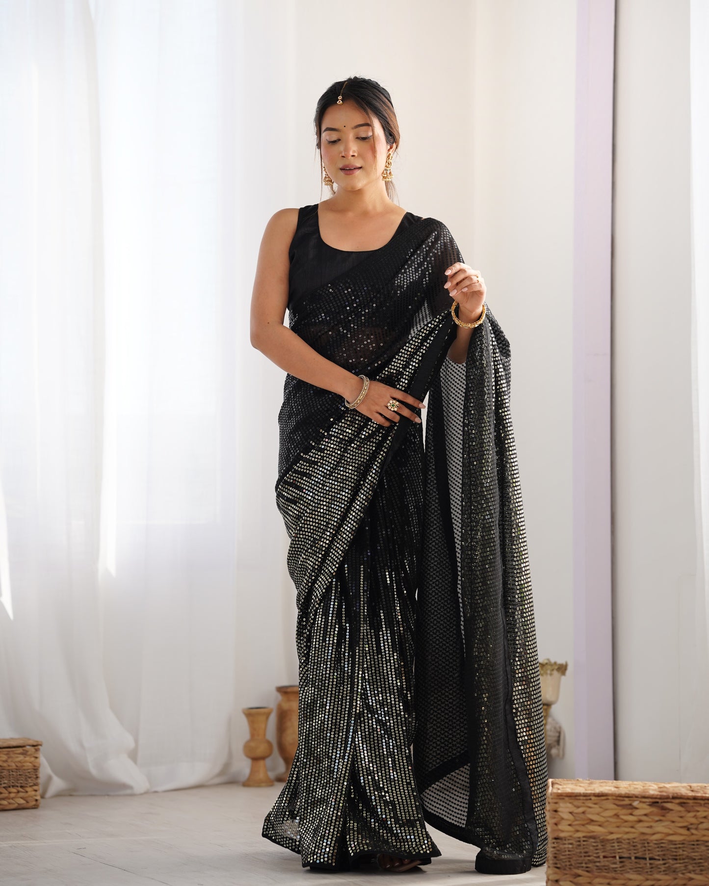 Black Heavy Georgette Saree with Multicolored Sequence Embroidery & Piping
